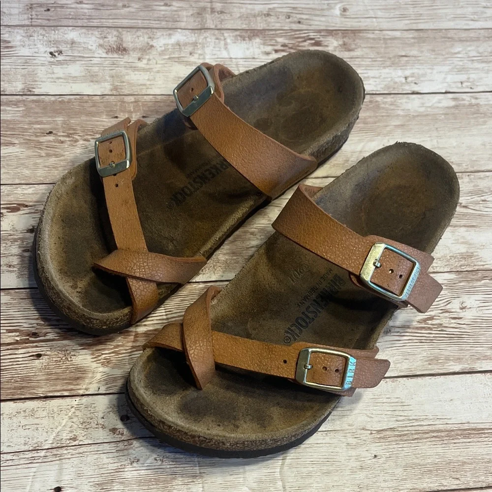 Birkenstock Brown Leather Sandals with Gold Buckles